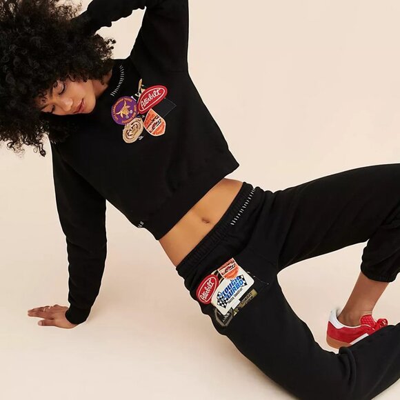 Free People X Riley Vintage Dusk Tropics Sweat Set Black Womens XL Patches - Picture 1 of 8